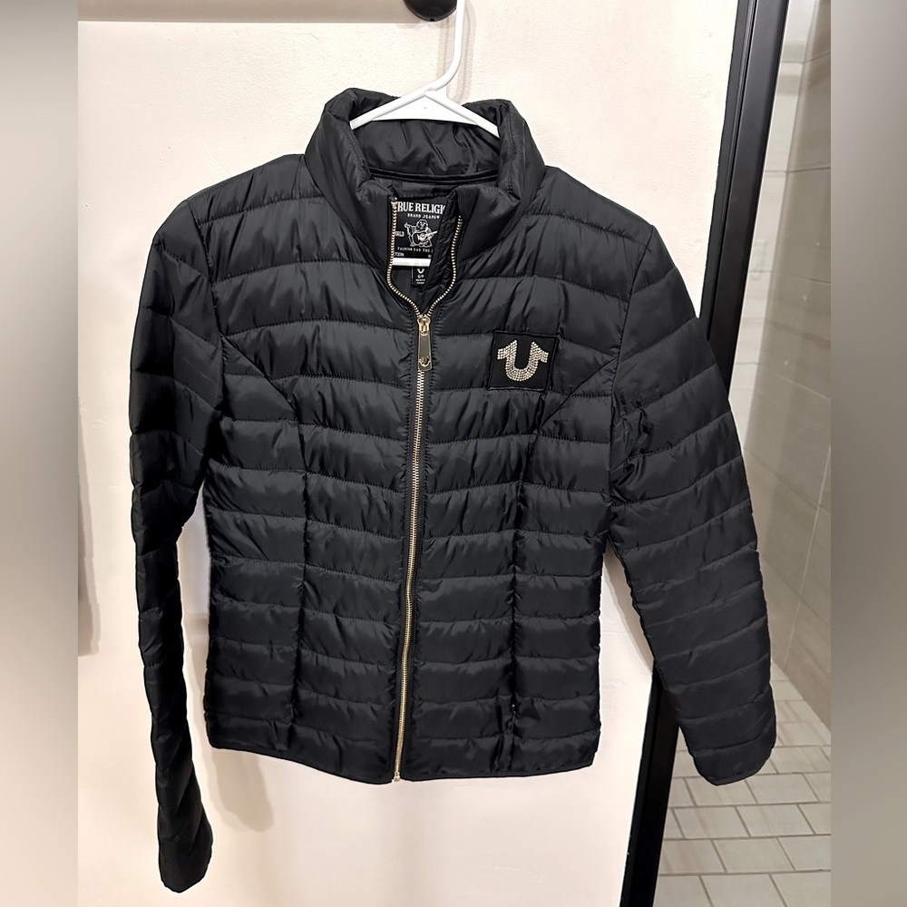 WOMEN'S TRUE RELIGION SLIM PUFFER JACKET Black FULL ZIP COAT SZ S